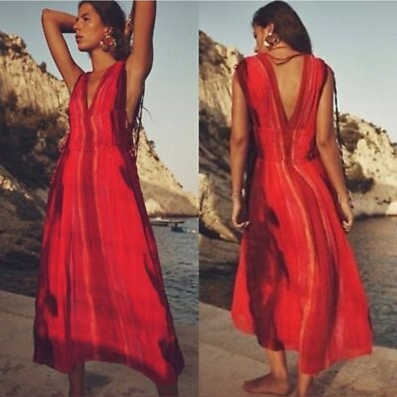 Zara Viscose Ombre Pleated V-neck Side/Shoulder ties Lined Maxi Dress Size XL - Picture 2 of 13